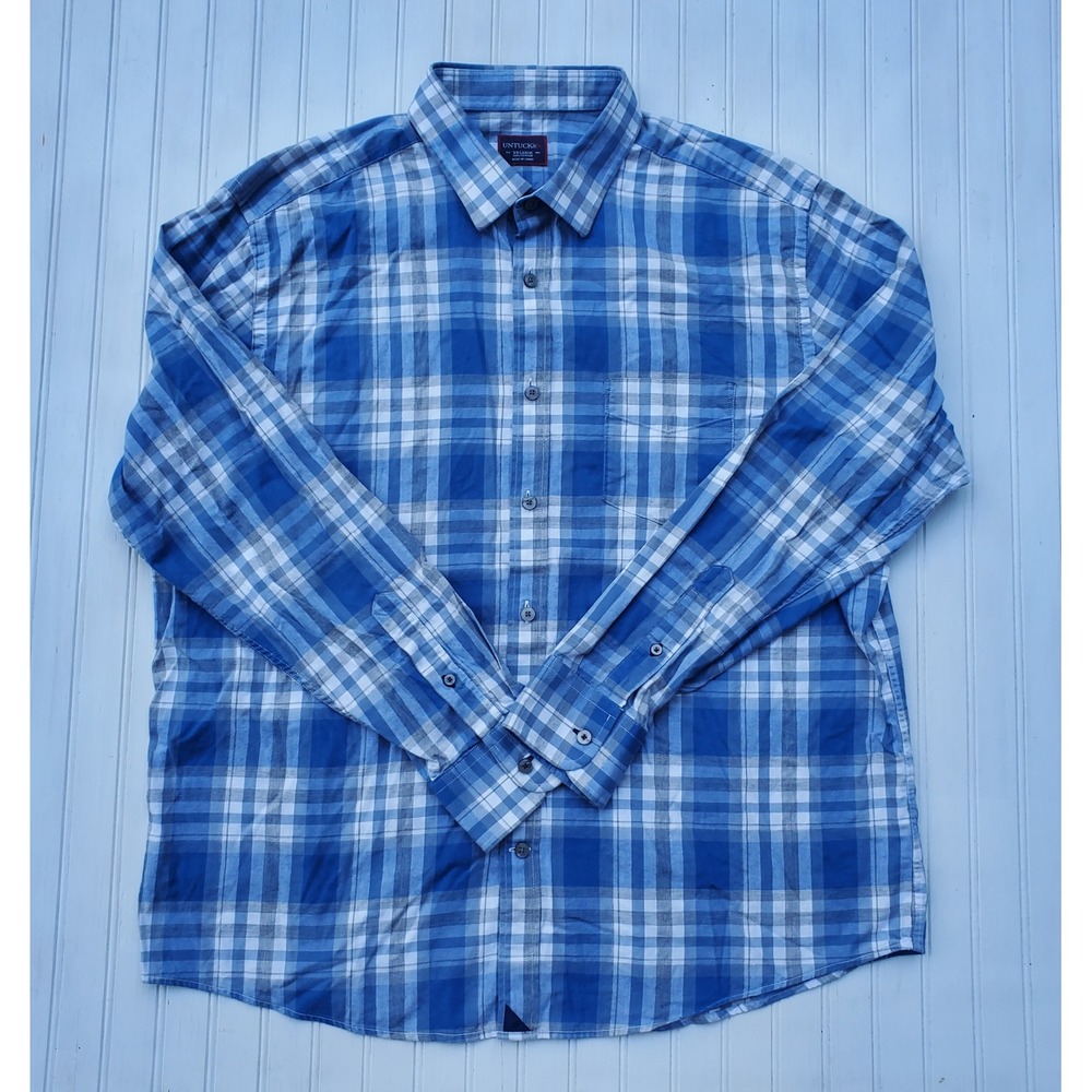 UNTUCKit Mens XXL Blue White Plaid Cotton Long Sleeve Button Down Shirt Regular